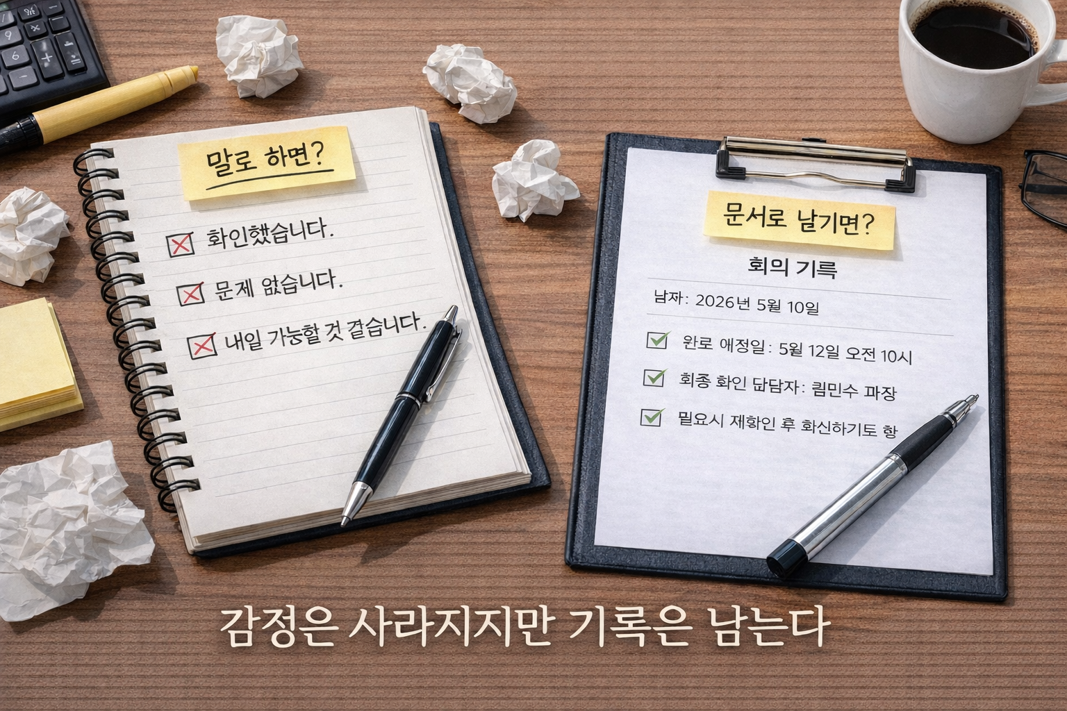 말로 한 확인과 문서로 남긴 회의 기록을 대비해 보여주는 사무실 책상 이미지