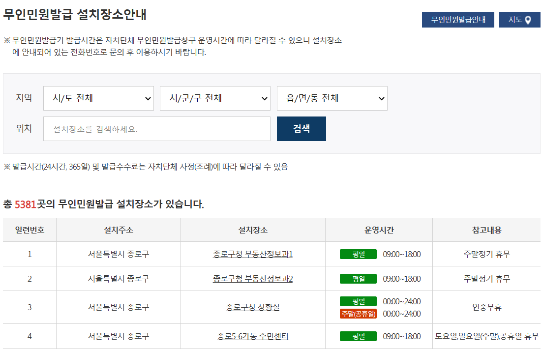 무인민원발급기-설치장소-조회-사이트-화면
