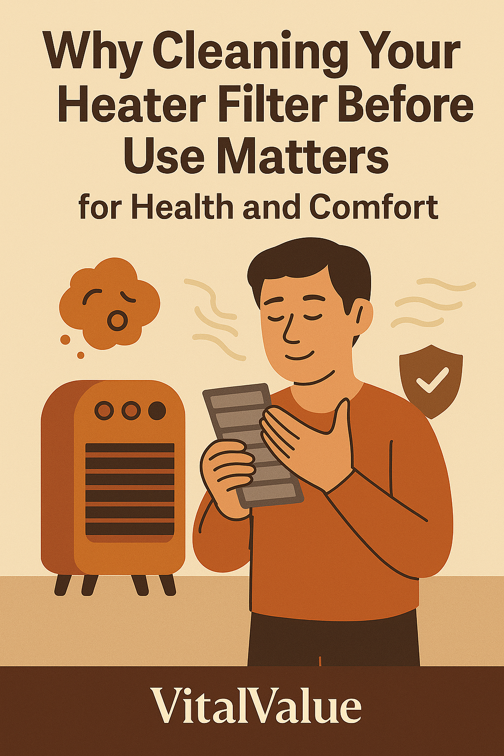 Flat illustration of a person cleaning a heater filter, with dust and airflow icons, symbolizing why cleaning your heater filter before use is important for health and comfort.