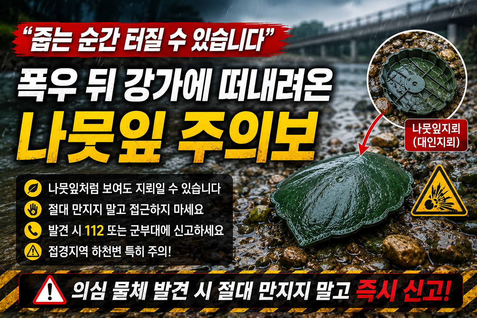 폭우 뒤 접경지역 하천변에 떠내려온 나뭇잎 지뢰와 목함지뢰 의심 물체를 절대 만지지 말고 112 또는 군부대에 신고해야 한다는 안전 안내 이미지