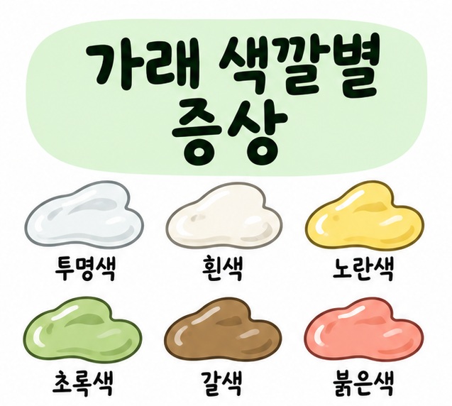 투명색부터 흰색, 노란색, 초록색, 갈색, 붉은색 가래를 단순 아이콘으로 표현하고 가래 색깔별 증상이라는 제목이 크게 적힌 대표 썸네일