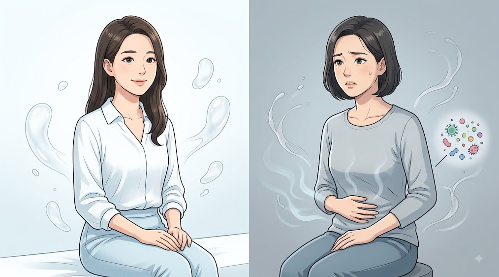 정상 질 분비물과 묽은 회백색 분비물 및 냄새를 특징으로 하는 세균성 질염 양상 비교 일러스트