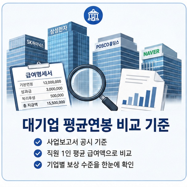 대기업 사옥과 급여명세서를 통해 대기업 연봉 순위는 사업보고서에 공시된 직원 1인 평균 급여액을 기준으로 비교할 수 있음을 보여 주는 그림