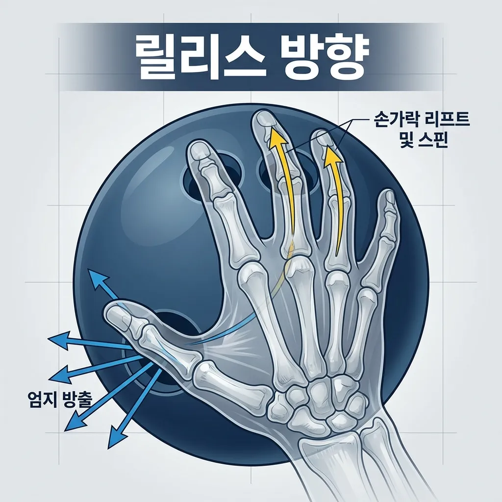 볼링공 그립 방법과 릴리스 방향을 보여주는 교육용 다이어그램, 손가락과 엄지의 위치 및 힘의 벡터가 화살표로 표시된 해부학적 일러스트레이션