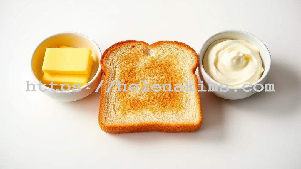 가운데 식빵을 중심으로 왼쪽에는 버터가 오른쪽에는 마가린의 모습.