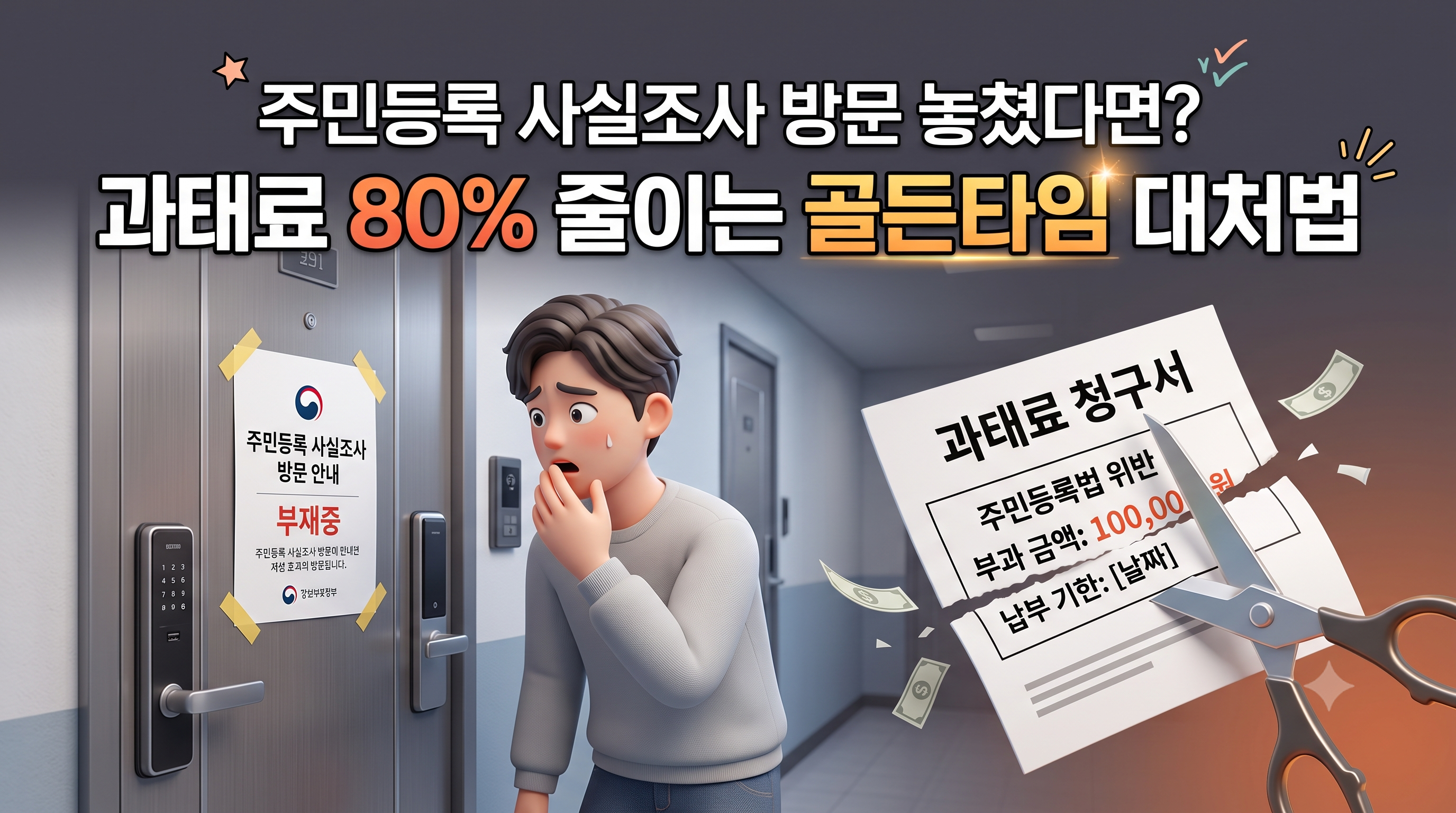 주민등록 사실조사 방문 부재 안내문을 확인하는 모습과 과태료가 감면되는 효과를 표현한 3D 일러스트 썸네일