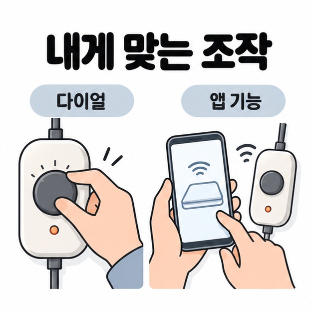 내게 맞는 조작 문구 아래에 손으로 다이얼을 돌리는 모습과 휴대전화 앱으로 전기매트를 조작하는 예시를 나란히 비교한 그림