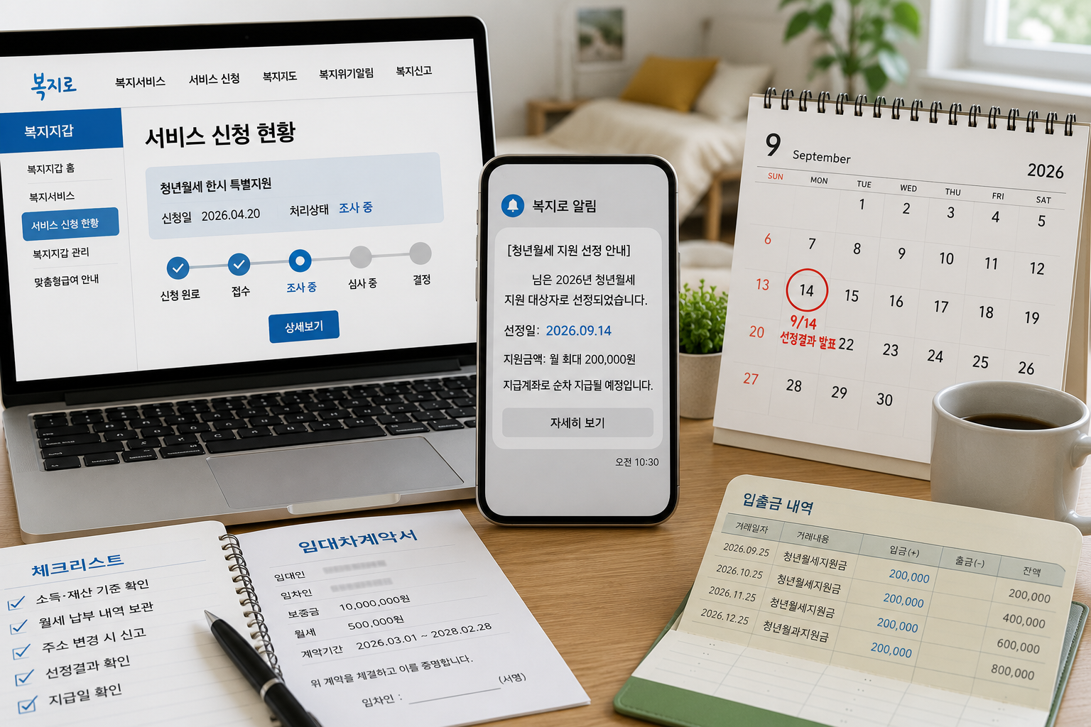 달력의 9월 14일과 지원금 입금일을 연결한 개념 이미지