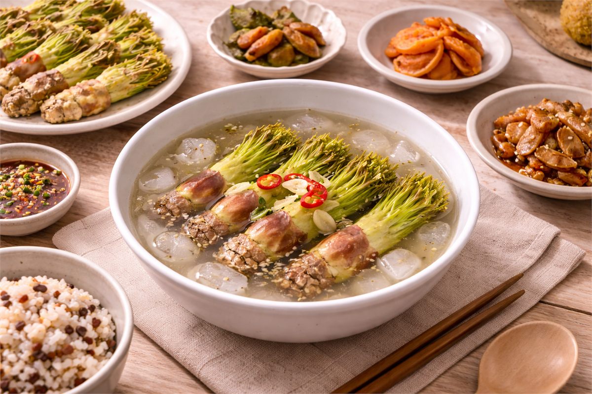 시원한 육수와 두릅이 담긴 냉국 한 그릇 