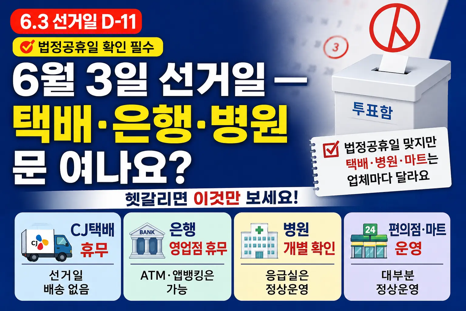 법정공휴일 맞지만 택배&middot;병원&middot;마트는 업체마다 달라요 CJ택배 휴무 선거일 배송 없음 은행 영업점 휴무 ATM&middot;앱뱅킹가능한지 알리는 이미지