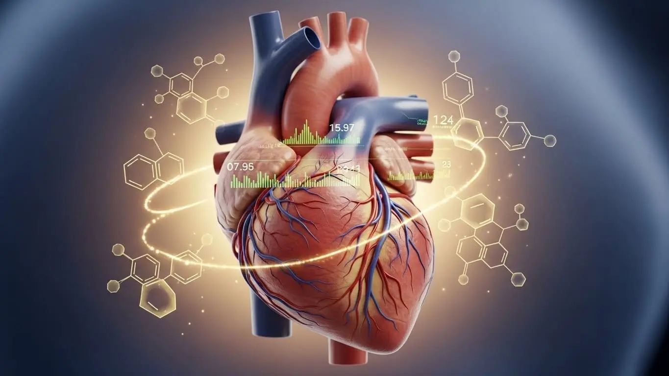건강한 심장과 깨끗한 혈관을 보호하는 퀘르세틴 분자를 추상적으로 표현한 이미지.
