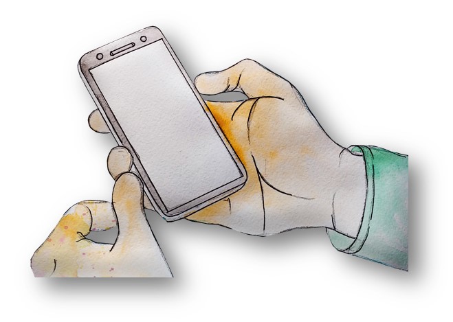 스마트폰 초보자가 셀폰을 손에 들고 바라보는 모습