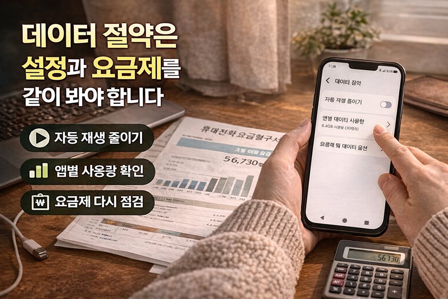 자동 재생 제한, 앱별 데이터 사용량 확인, 요금제 점검을 통해 데이터와 통신비를 함께 절약하는 실전 방법을 설명하는 이미지입니다.