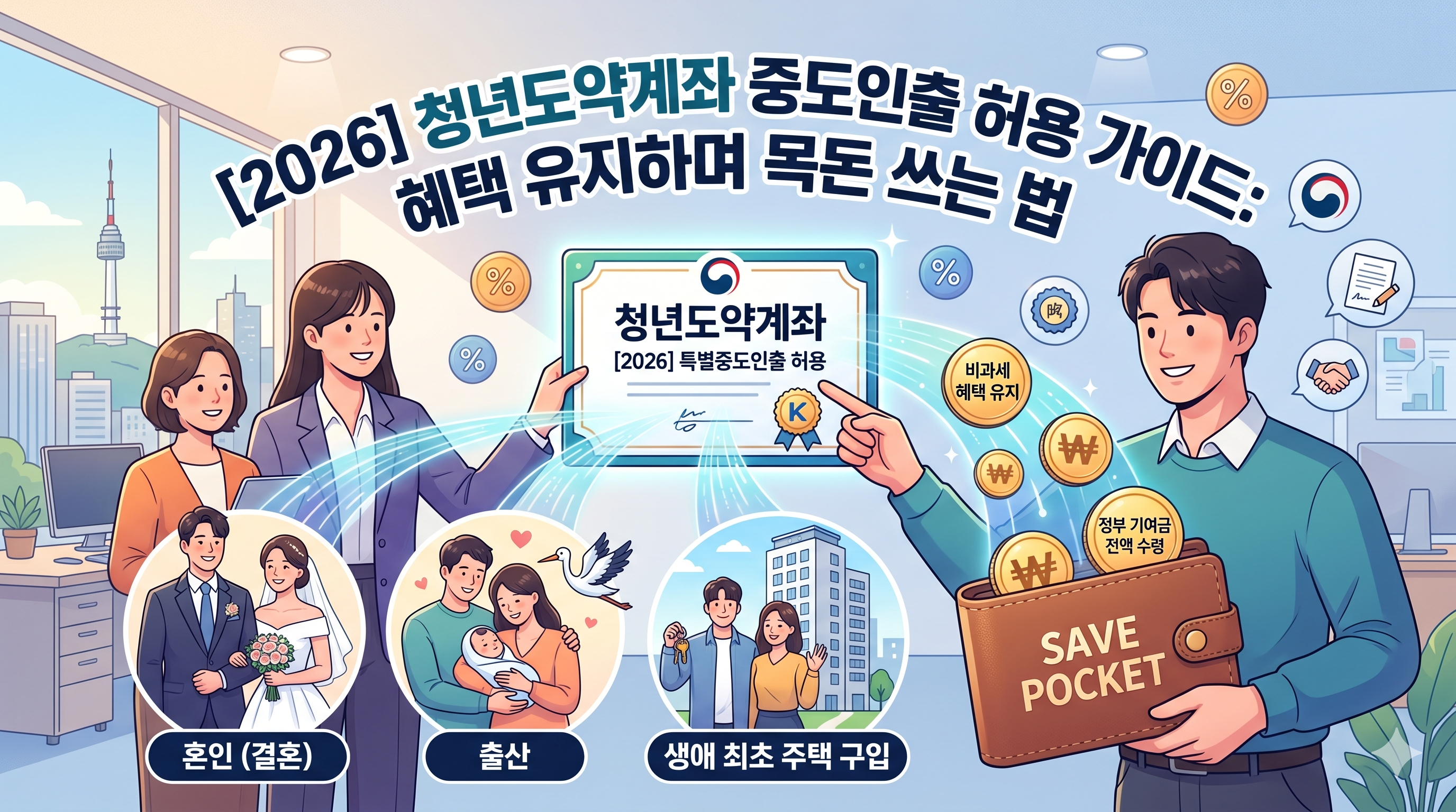 2026년 청년도약계좌 특별중도인출 조건 허용 가이드: 혼인 출산 생애 최초 주택 구입 시 비과세 혜택 유지 및 정부 기여금 전액 수령 방법 일러스트