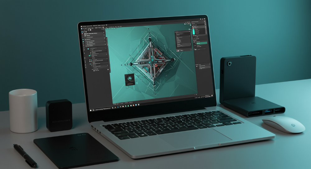 깔끔한 작업 공간에서 창의적인 디자인 소프트웨어를 실행 중인 17인치 노트북과 주변기기들