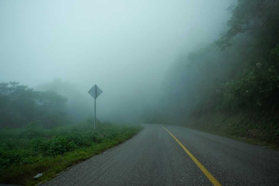Curved rural road enveloped in dense fog creating a mysterious forest atmosphere.