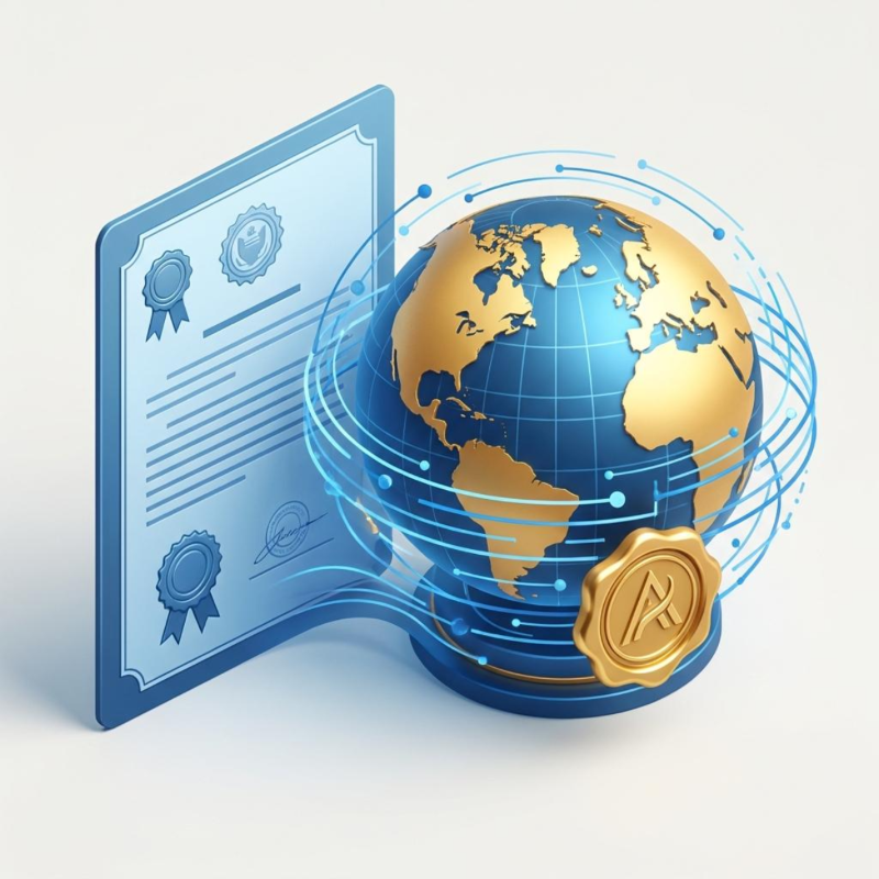 영문 가족관계증명서와 아포스티유 인증을 상징하는 디지털 입체 인포그래픽