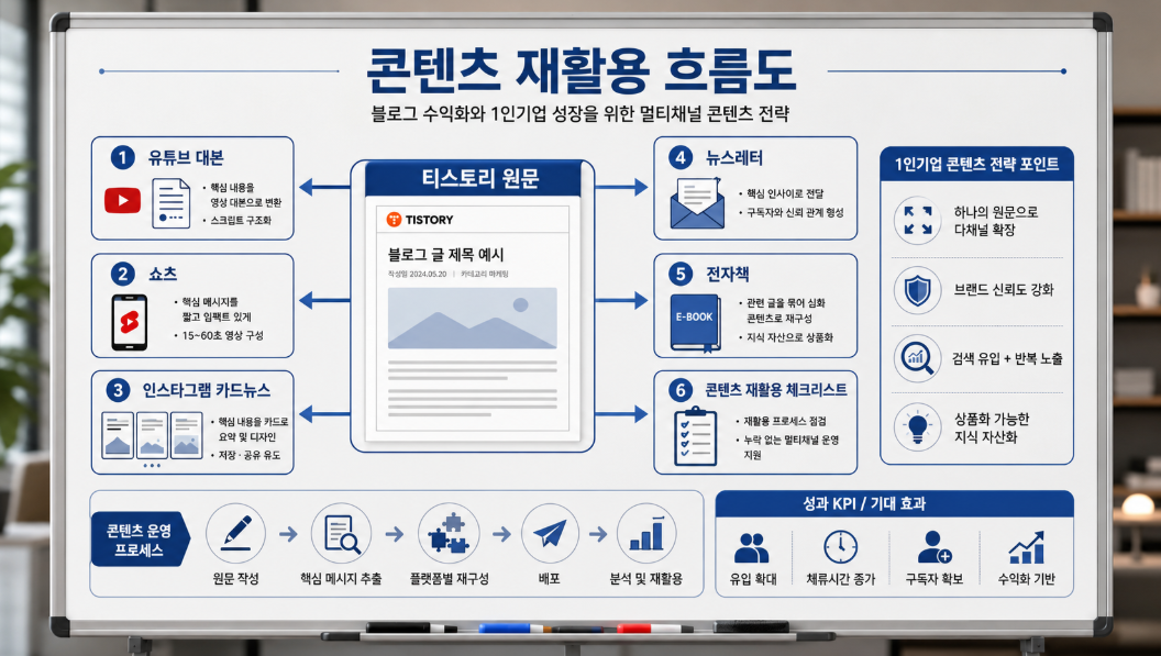 티스토리 블로그 원문에서 유튜브 쇼츠 SNS 뉴스레터 전자책으로 확장되는 콘텐츠 재활용 흐름도