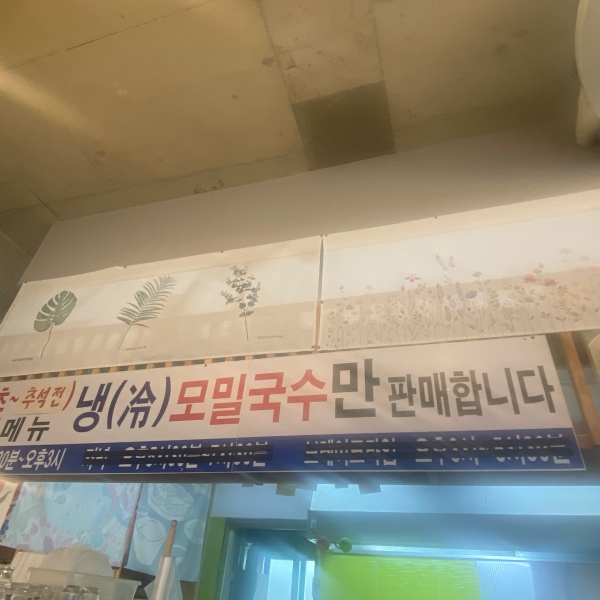 냉모밀국수만 판매한다는 현수막이 걸려있습니다.