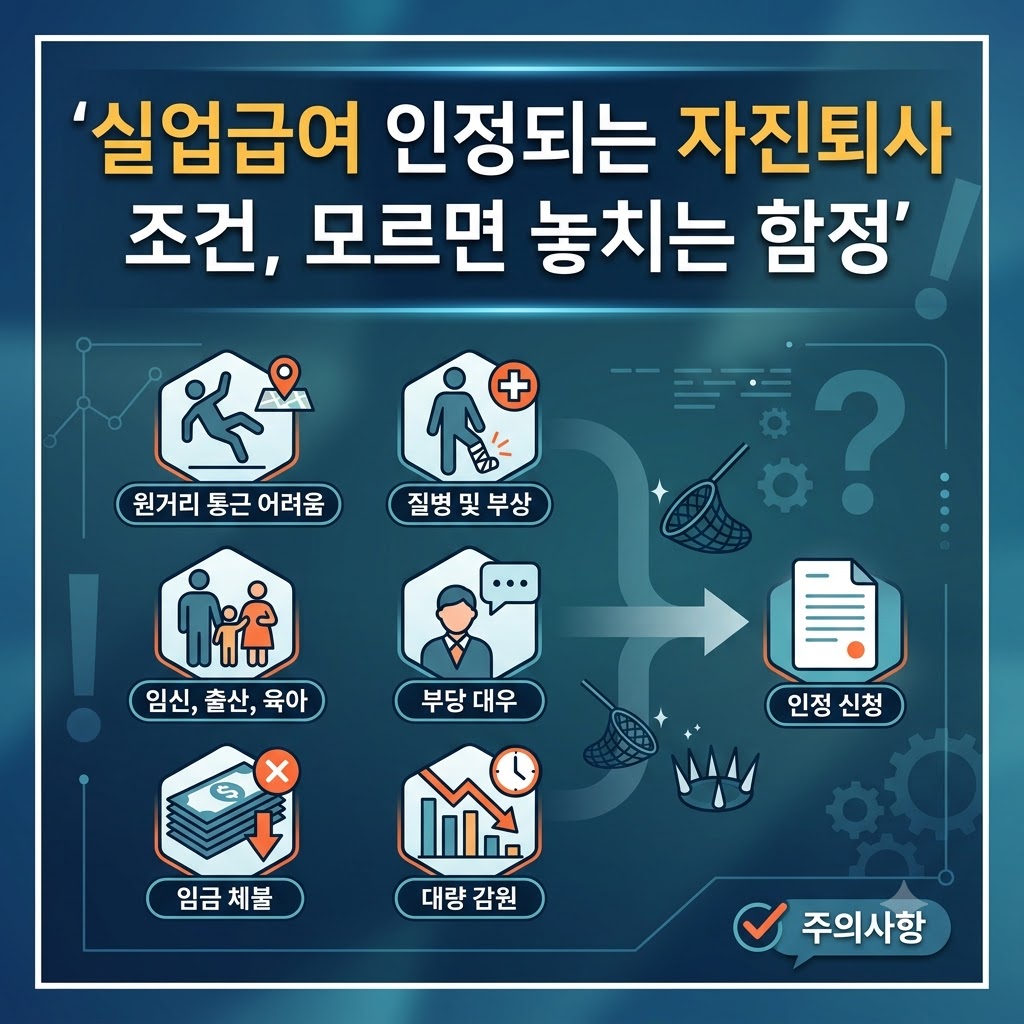 실업급여 인정 자진퇴사 조건(원거리 통근, 질병, 임신&middot;출산, 부당 대우, 임금 체불, 대량 감원)과 함정 주의사항을 안내하는 인포그래픽 대표 썸네일 이미지.