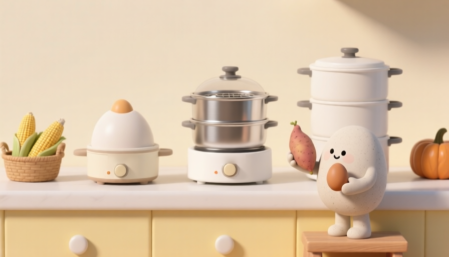 1단, 2단, 3단 찜기를 나란히 놓고 크기를 비교하는 캐릭터