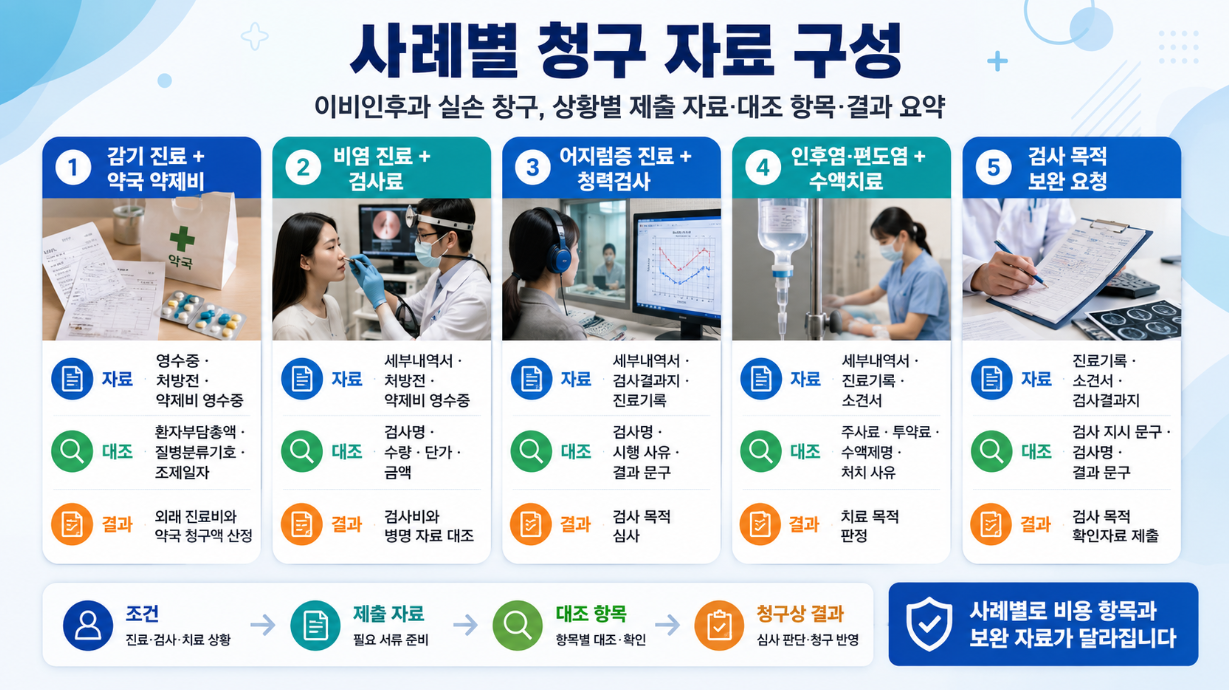 이비인후과 실손 청구 사례별 제출 자료, 대조 항목, 청구 결과 구성 안내