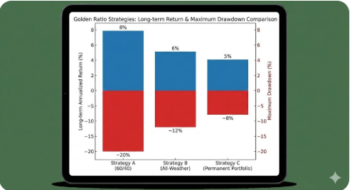 3가지 황금 비율 전략에 따른 장기 수익률과 최대 하락 폭 비교 차트