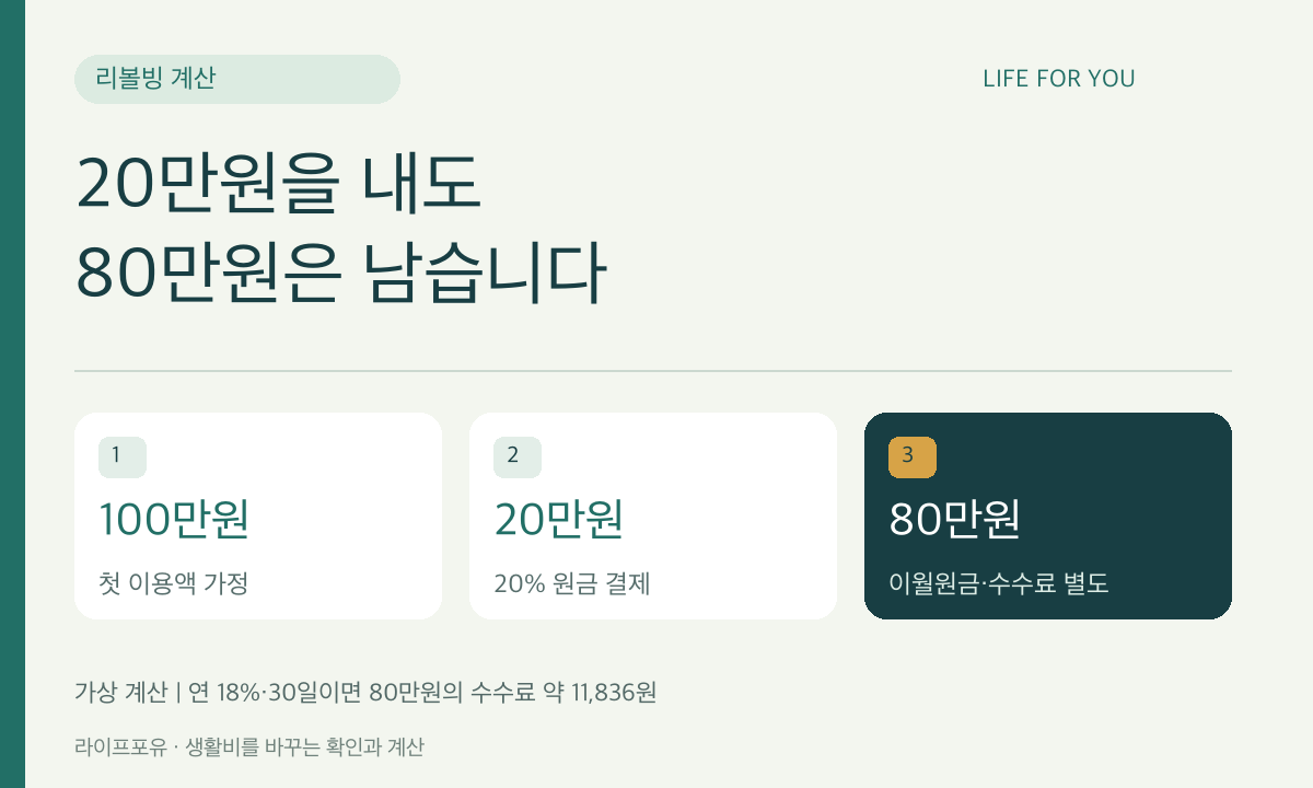 20만원을 내도 &middot; 80만원은 남습니다 &mdash; 100만원 첫 이용액 가정, 20만원 20% 원금 결제, 80만원 이월원금&middot;수수료 별도 (가상 계산 ❘ 연 18%&middot;30일이면 80만원의 수수료 약 11,836원)