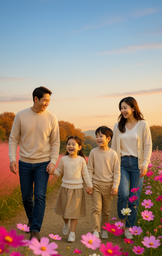 양주에서 핑크뮬리와 코스모스 꽃구경 하는 가족