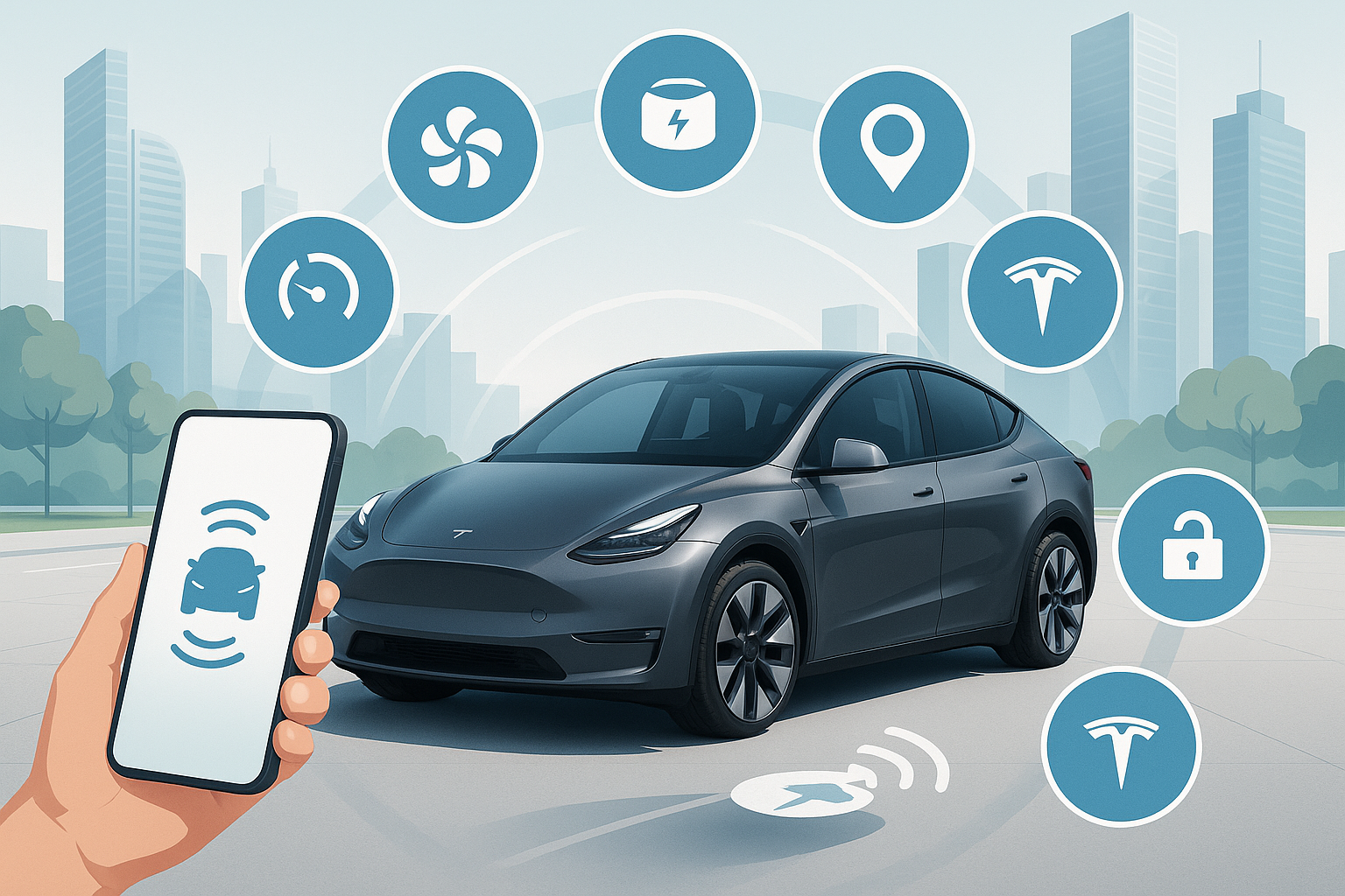 테슬라 차량이 가운데 있고 주변으로 핸드폰과 각 기능을 뜻하는 아이콘이 있는 그림