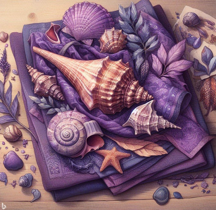 보라색 천 조각과 바다 소라