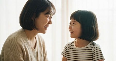 엄마와 아이가 함께 웃으며 마주 보는 모습