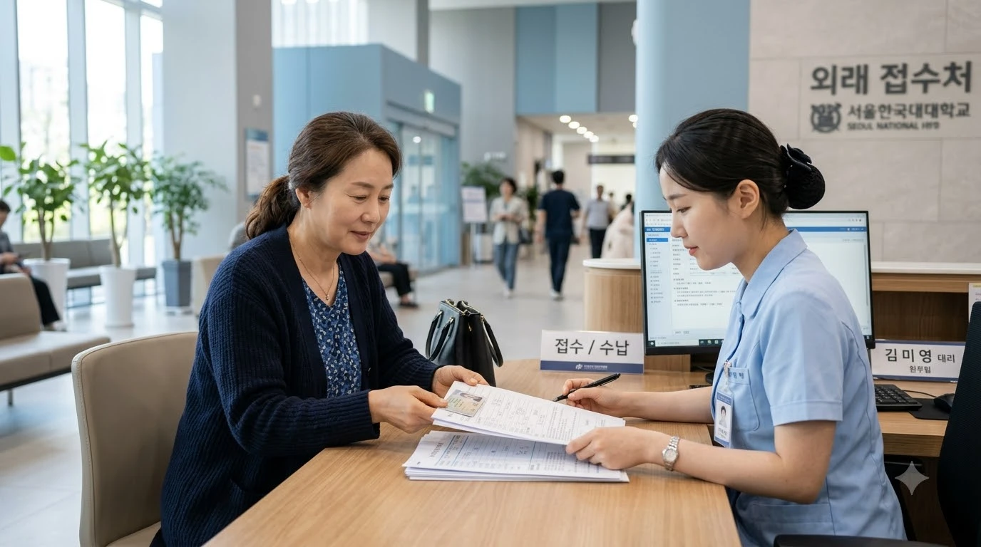 병원 원무과 창구에서 한국인 엄마가 서류를 제출하고 직원이 확인하는 장면