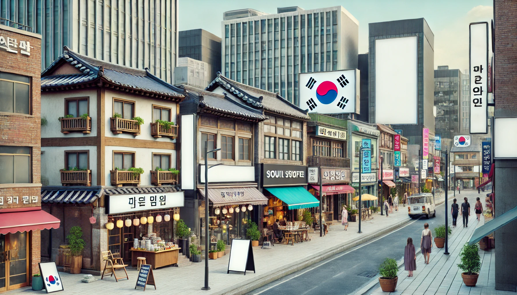 대한민국 도시에서 젠트리피케이션으로 변화된 전통적인 상점과 현대적인 상업 공간이 공존하는 거리 풍경
