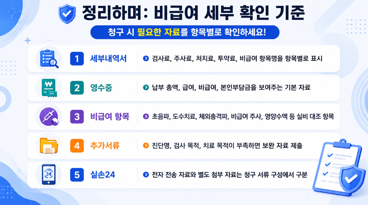 비급여 세부 확인 기준의 핵심 내용을 5가지로 요약한 16:9 정리 인포그래픽 2