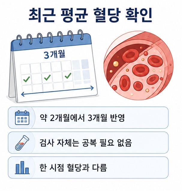 A1C 검사가 최근 약 2개월에서 3개월의 평균적인 혈당 상태를 반영하며 검사 자체는 공복이 필요하지 않다는 내용을 표현한 이미지