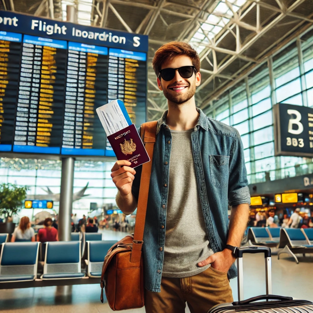 공항에서 여권을 들고 기분좋은 미소를 짓고 있는 남성