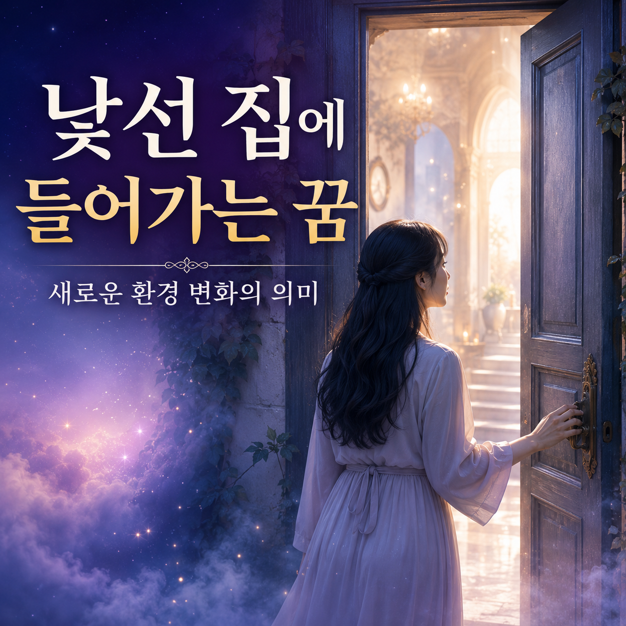 낯선 집의 문을 열고 들어가는 여성과 보랏빛 별빛이 어우러진 몽환적인 꿈 해석 이미지