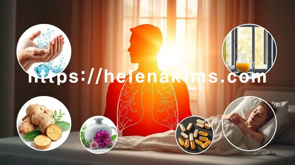 중앙에 활력 넘치는 인간 실루엣, 깨끗하게 손 씻는 손, 마스크 착용, 가습기 및 환기, 따뜻한 물컵, 이불 속 편안히 잠든 사람의 이미지.