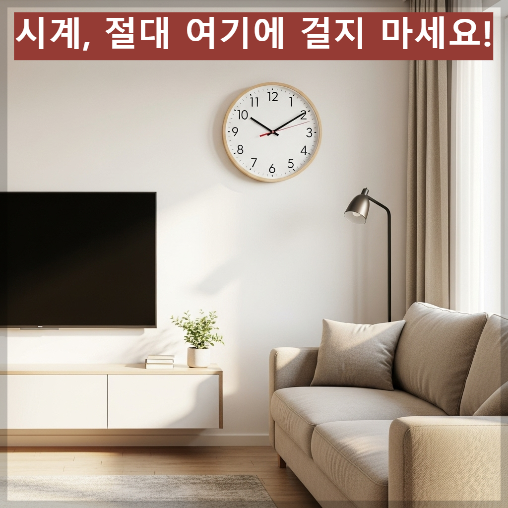한국식 아파트 거실 TV 옆 벽면에 심플한 원형 우드 시계가 눈높이에 맞춰 걸려 있고, 햇살이 들어오는 편안한 거실 전경