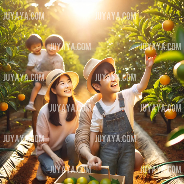A family enjoying a hands-on agricultural experience on Cheongsando Island&amp;#44; picking citrus fruits in an orchard.