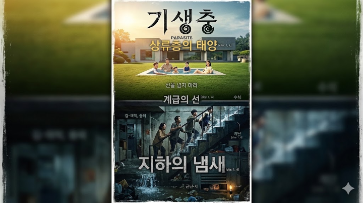 기생충 숨겨진 메타포 총정리의 핵심인 두 가족의 대비를 보여주는 서늘한 포스터 스틸컷