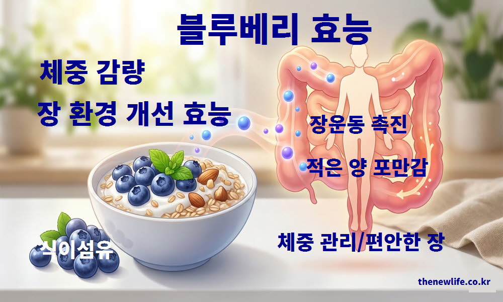 블루베리 효능이 포만감을 주어 체중 감량을 돕고 편안한 장 환경 개선을 이끄는 설명 이미지