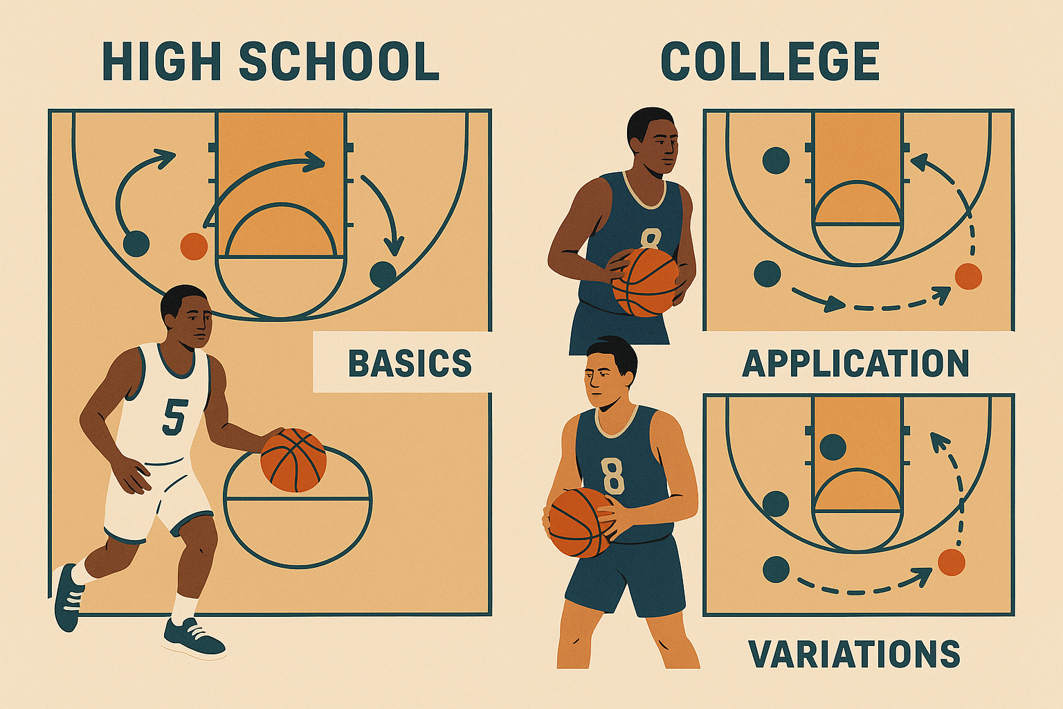 고등학교와 대학 농구 전술 비교 이미지: 기초 전술, 응용 패턴, 변형 전술을 나란히 보여주는 인포그래픽 일러스트