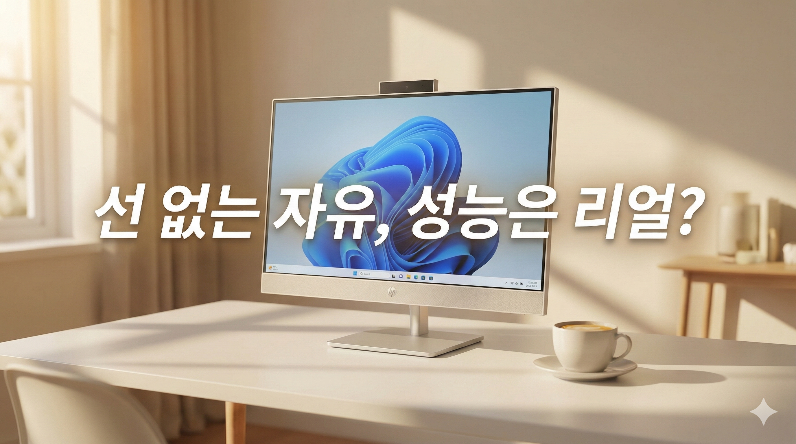 정면 샷, 모니터 뒤로 선이 전혀 보이지 않는 깔끔한 책상 풍경