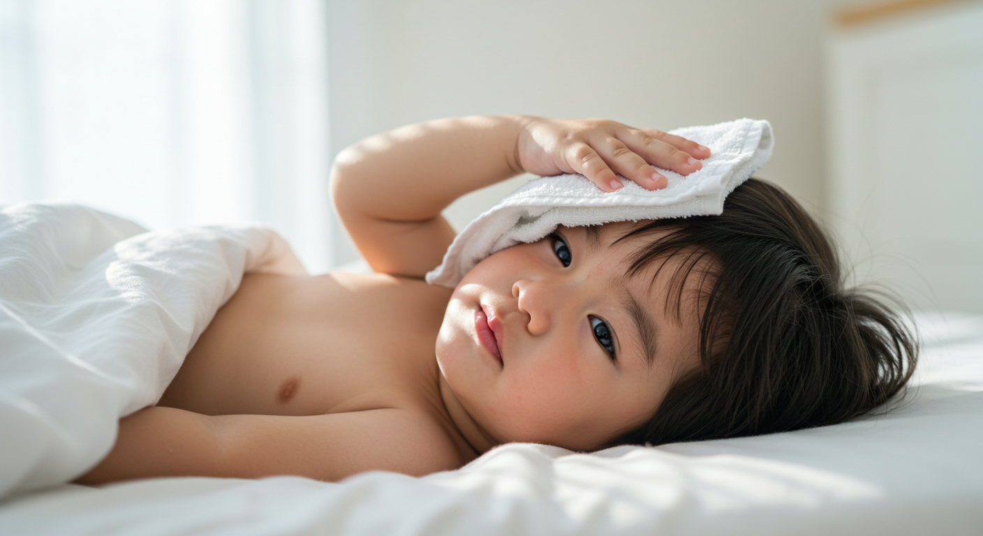 열이 높아 머리에 물수건을 대고 누워 있는 아기.