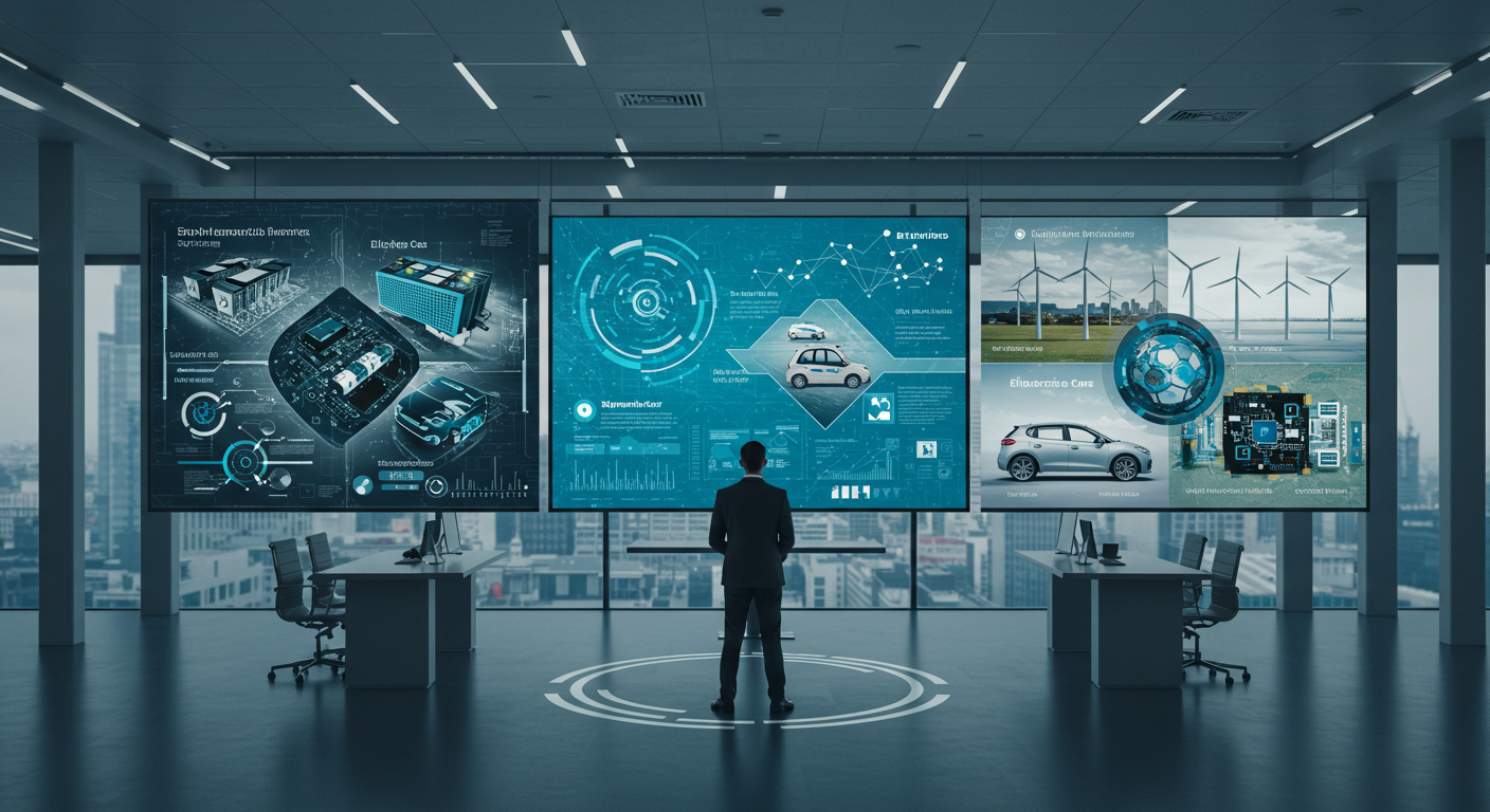 2025년 글로벌 산업 흐름 속에서 한국, 유럽, 중국의 반도체, 친환경 에너지, 전기차 산업을 비교 분석한 디지털 글로벌 산업 지도 이미지