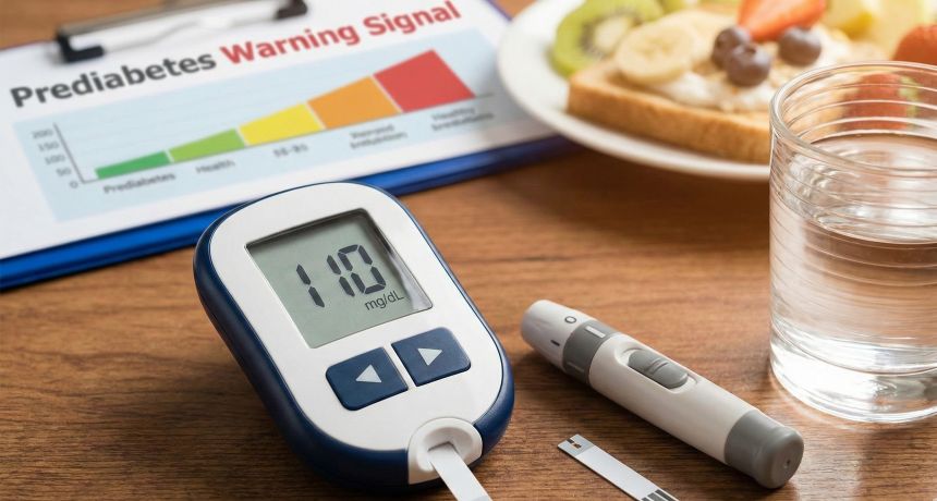 공복혈당 110 수치를 나타내는 혈당 측정기와 당뇨 전단계 경고