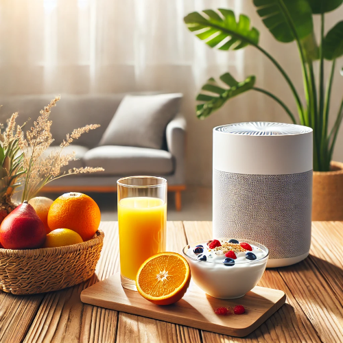 천연 비염 관리법: 주스와 요거트, 공기청정기가 있는 따뜻한 실내 풍경