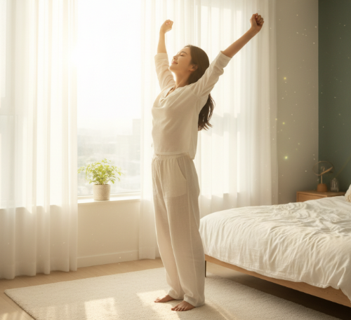 아침 햇살을 맞으며 기지개를 켜는 사람